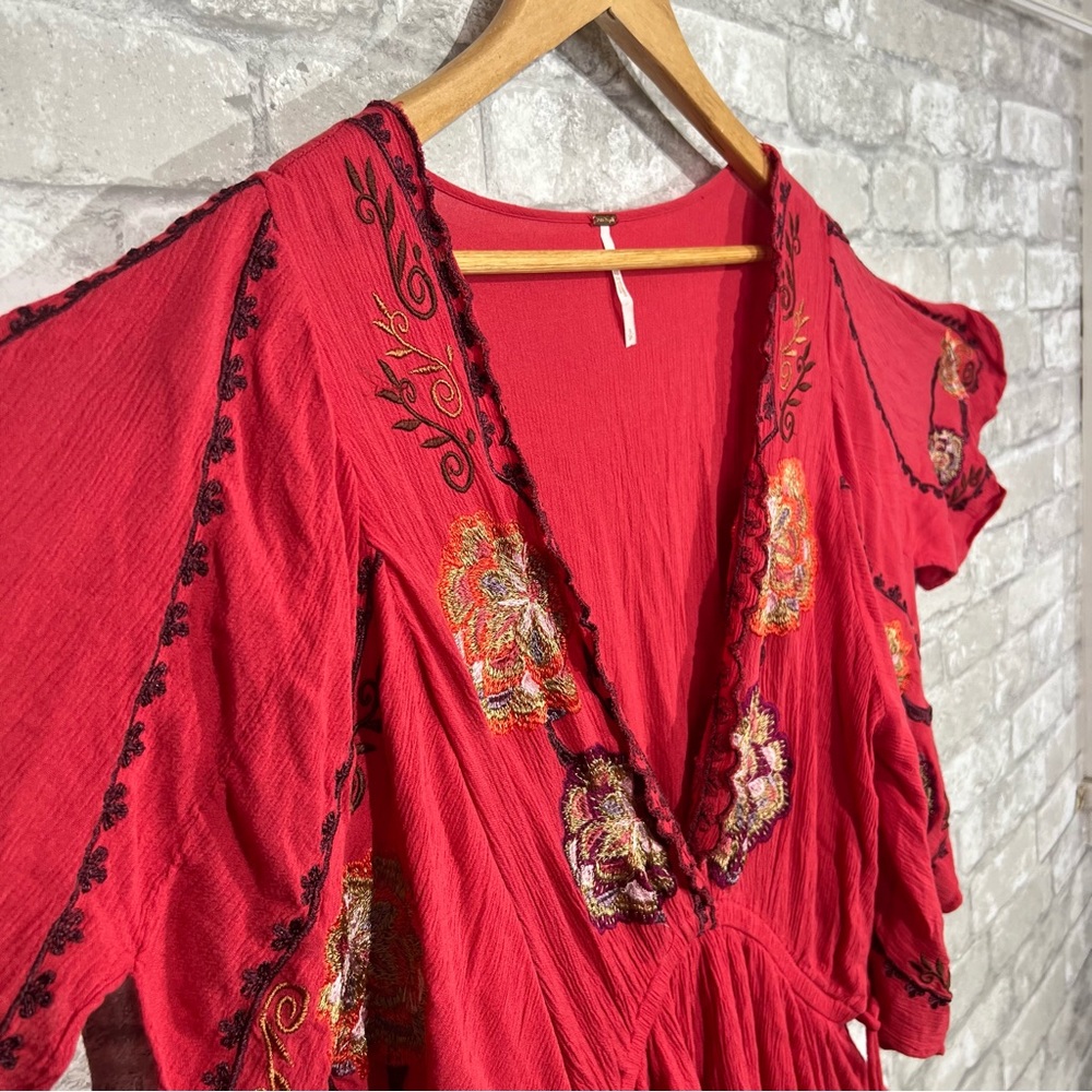 Free People Women's Small Cora Mini Dress Red Floral Embroidery Flutter Sleeve - Picture 9 of 15